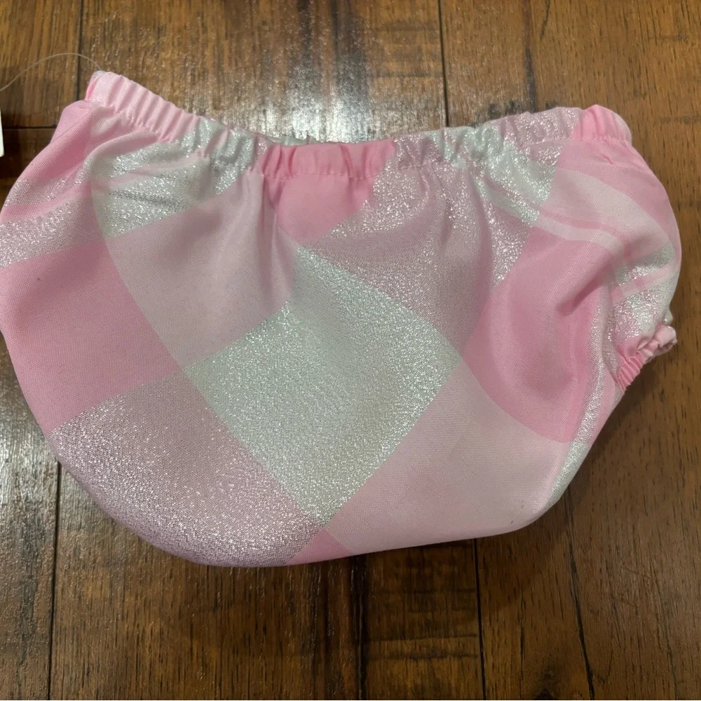 NWT Bonnie Baby Tafetta Empire Metallic Pink Plaid Dress & Bloomers, 6-9 Months